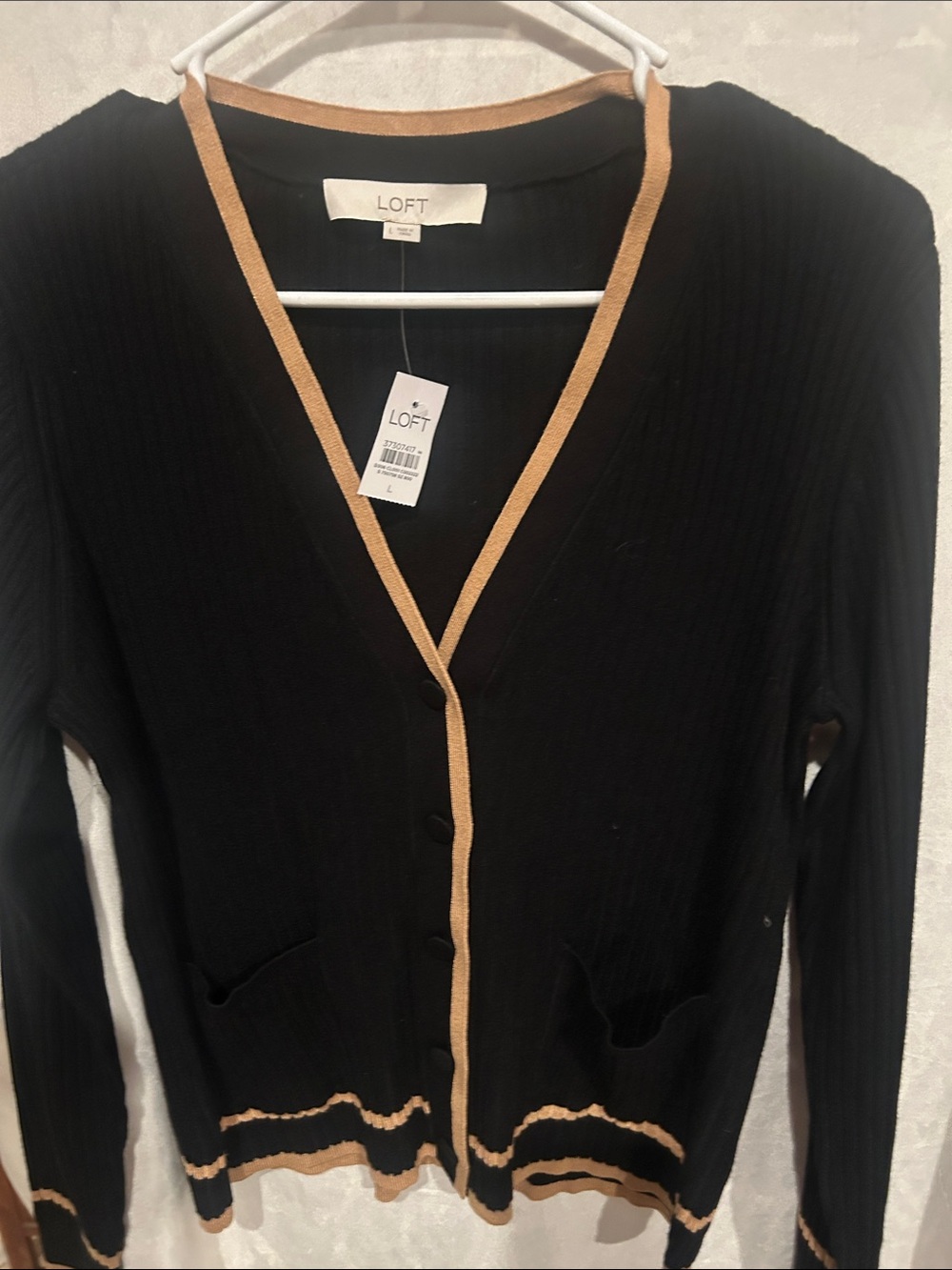 LOFT Black Cardigan with Tan Trim